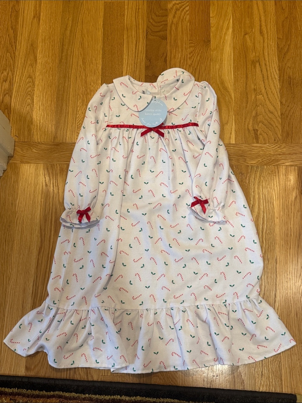 Little English White Nightgown with Red Ribbon and Candy Cane Print